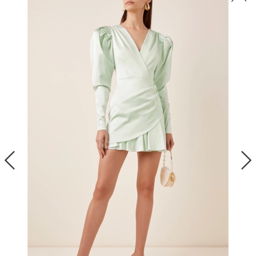 Mint Green Mini Wrap Dress with Puff Shoulders